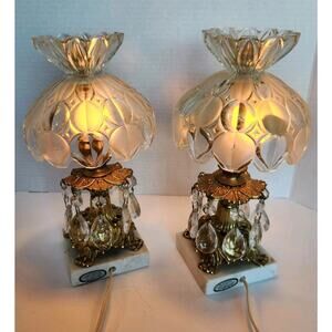 2 Regency Bohemia Cut Glass Crystal Prisms Brass Marble Boudoir Lamp Art Deco